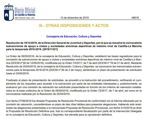 RESOLUCIÓN SUBVENCIONES A CLUBES DEPORTIVOS CLM